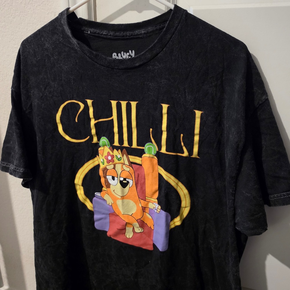 Bluey Chilli Heeler Graphic T-Shirt Mens Large Black Mineral Wash BBC Studios